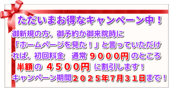 こがねいカイロ「三伏の候　腰痛・肩こりキャンペーン」　ただいま初回施術料９０００円→４５００円にて施術！